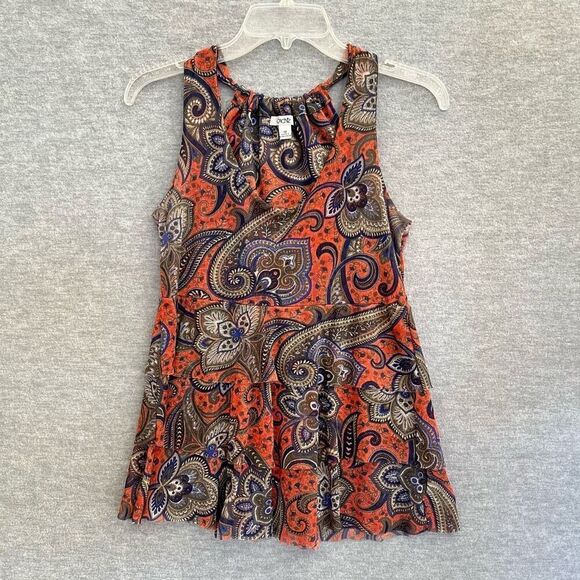 Cache Y2K Mesh Baby Doll Tiered Ruffled Top Women's Medium Orange Paisley Halter - Picture 1 of 12